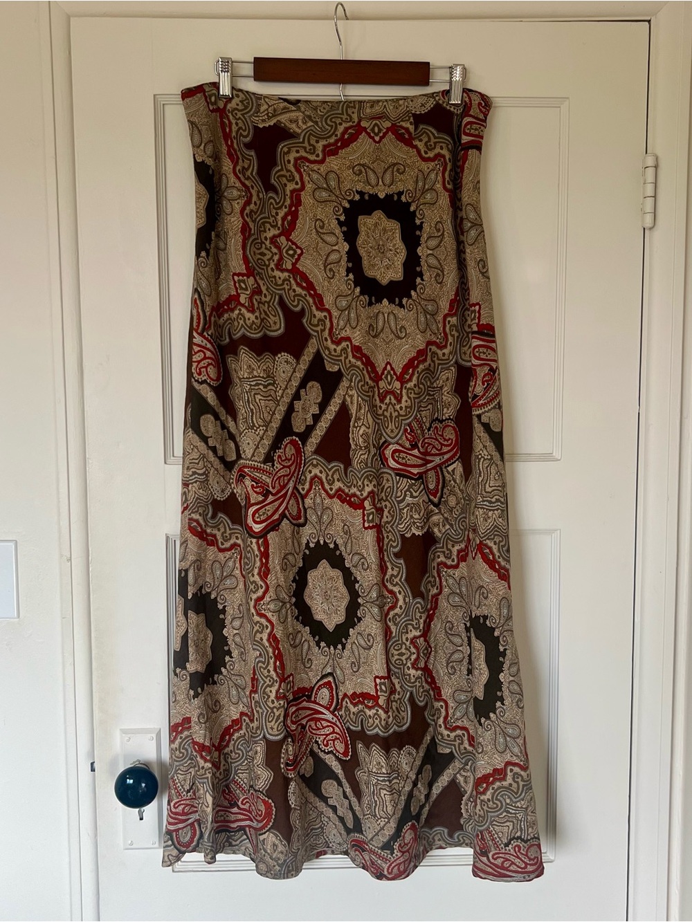 Crossing Pointe Silk Maxi Skirt in Paisley Brown, Cream & Red